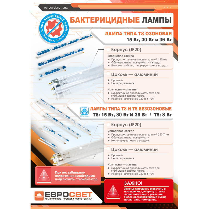 Кварцова лампа EVL-T8 30Вт бактерицидна озонова