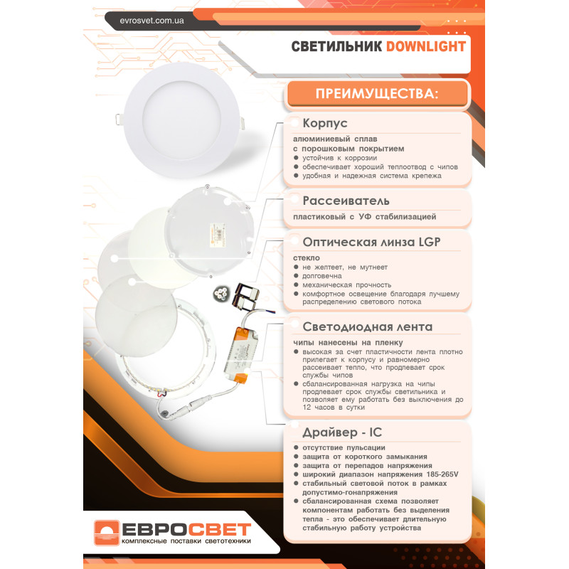 Світильник точковий врізний Євросвітло 9Вт коло LED-R-150-9 6400К