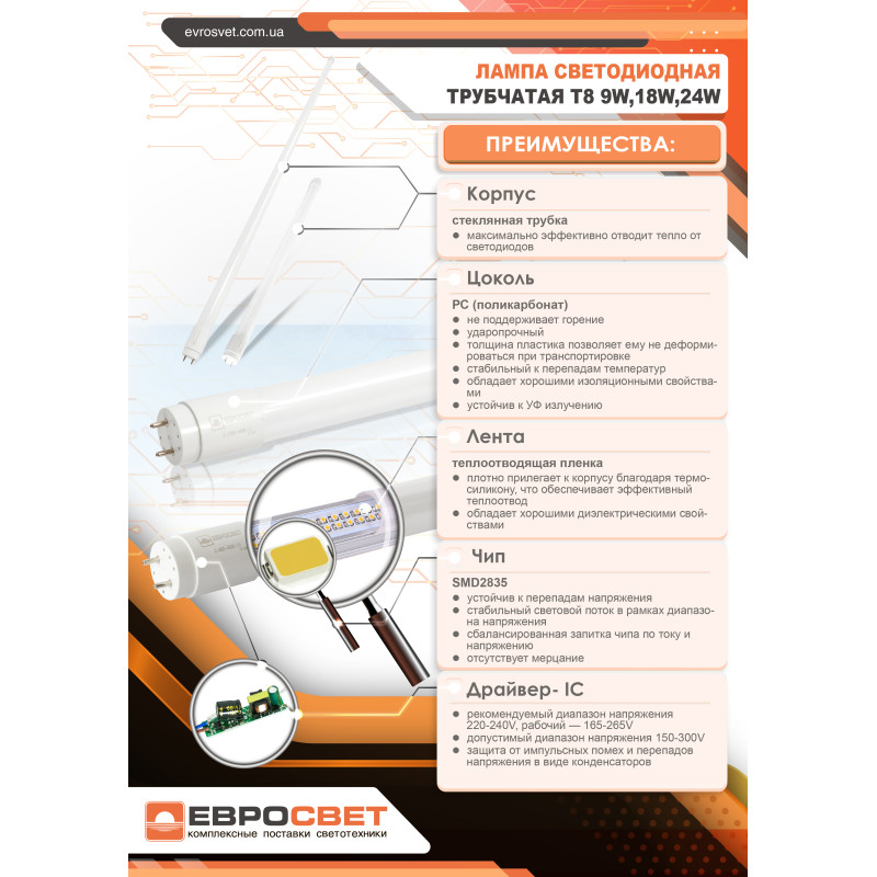 Лампа світлодіодна трубчаста ЕВРОСВЕТ 18Вт 4000K L-1200-4000-13 T8 G13