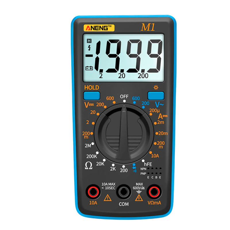 Мультиметр ANENG AN-M1. Вимірювання: VDC, VAC, ADC, Ω. Функції: продзвонювання, перевірка діодів, тест транзисторів, Hold, підсвічування. Мультиметр ANENG AN-M1. Вимірювання: VDC, VAC, ADC, Ω. Функції: продзвонювання, перевірка діодів, тест транзисторів, 