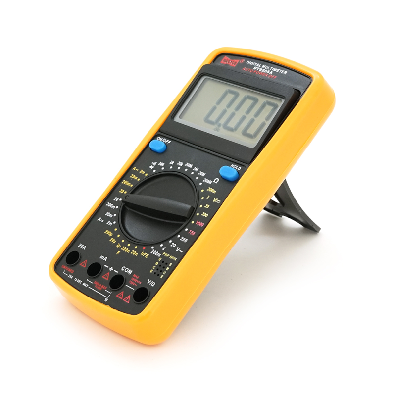 Мультиметр HAOYUE DT-9205A Вимірювання: V (AC/DC), A (AC/DC), Ω, hFE, тест діодів, продзвонювання. Функції: Data Hold, перевірка транзисторів.
