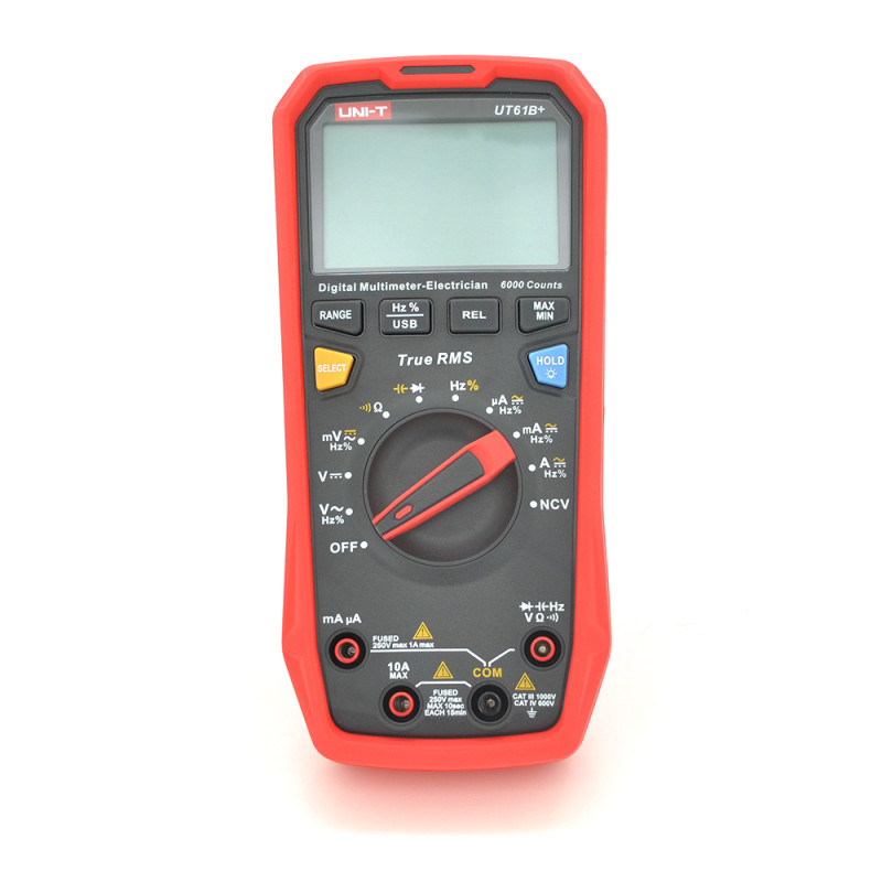 Мультиметр UNI-T UT61B+ Вимірювання: V AC/DC, AC/DC, Ω, C, Hz, Duty (NCV, True RMS); Функції: DataHold, Max/Min, REL Мультиметр UNI-T UT61B+ Вимірювання: V AC/DC, AC/DC, Ω, C, Hz, Duty (NCV, True RMS); Функції: DataHold, Max/Min, REL