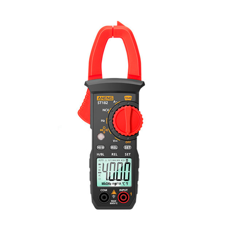 Токові кліщі ANENG ST182 Вимірювання: V (AC/DC), A (AC), Ω, C, Hz, °C/°F. Функції: Data Hold, продзвонювання, тест діодів, підсвічування. Токові кліщі ANENG ST182 Вимірювання: V (AC/DC), A (AC), Ω, C, Hz, °C/°F. Функції: Data Hold, продзвонювання, тест ді