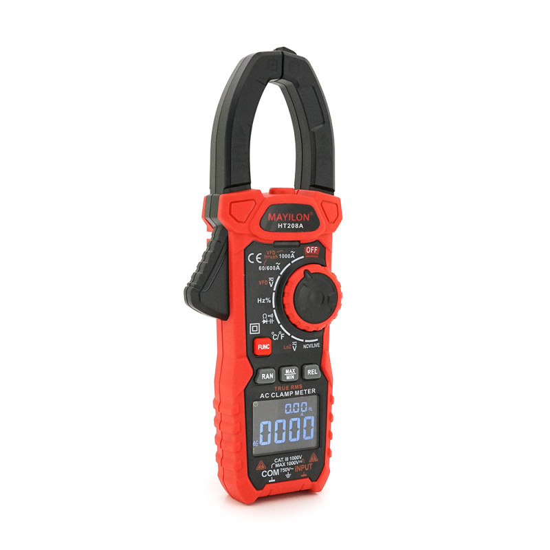 Токові кліщі Mayilon HT-208A Вимірювання: V, A, Ω, C, Hz, DUTY, °C/°F (NCV, True RMS). Функції: Data Hold, Max/Min, REL, продзвонювання, тест діодів Токові кліщі Mayilon HT-208A Вимірювання: V, A, Ω, C, Hz, DUTY, °C/°F (NCV, True RMS). Функції: Data Hold,