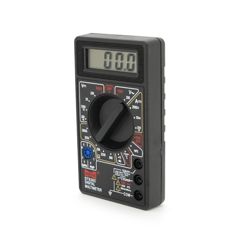 Мультиметр HAOYUE DT-830C. Вимірювання: VDC, VAC, ADC, Ω, °C. Функції: продзвонювання, перевірка діодів, тест транзисторів, генератор імпульсів.