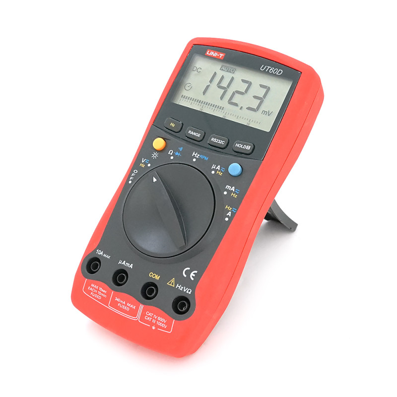 Мультиметр UNI-T UT60D(EU): вимірювання V~, V=, A~, A=, Ω, F, RPM. Функції продзвонювання, діоди, утримання, RS232, підсвічування. 185 87 50 мм. 0,380 кг Мультиметр UNI-T UT60D(EU): вимірювання V~, V=, A~, A=, Ω, F, RPM. Функції продзвонювання, діоди, утр
