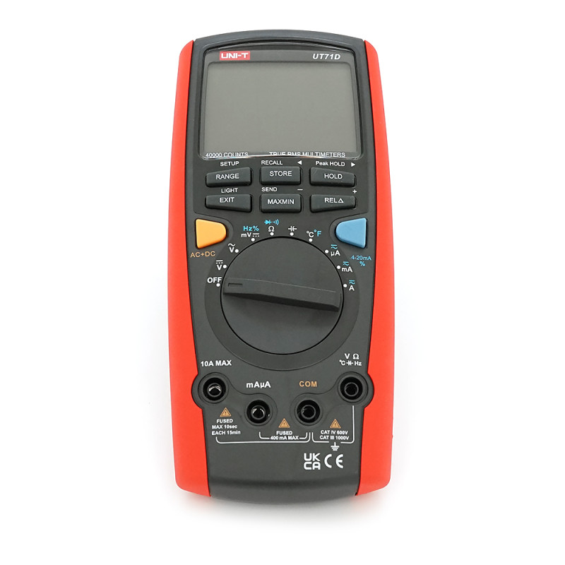 Мультиметр UNI-T UT71D. Вимірювання: V (AC/DC), A (AC/DC), Ω, C, Hz, DUTY, °C/°F, 4-20mA. Функції: True RMS, Data Hold, Peak Hold, авто-діапазон Мультиметр UNI-T UT71D. Вимірювання: V (AC/DC), A (AC/DC), Ω, C, Hz, DUTY, °C/°F, 4-20mA. Функції: True RMS, D