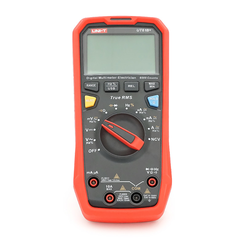 Мультиметр UNI-T UT61B+: True RMS. Вимірювання V,A,Ω,C,F,NCV. Діоди. Продзвонювання. USB. CAT III 1000V. 190x90x50 мм. 350 г Мультиметр UNI-T UT61B+: True RMS. Вимірювання V,A,Ω,C,F,NCV. Діоди. Продзвонювання. USB. CAT III 1000V. 190x90x50 мм. 350 г