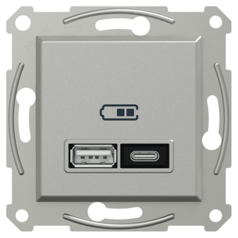 Подвійний зарядний пристрій USB, Asfora, тип A+C, 21 Вт, механізм з супортом, алюміній