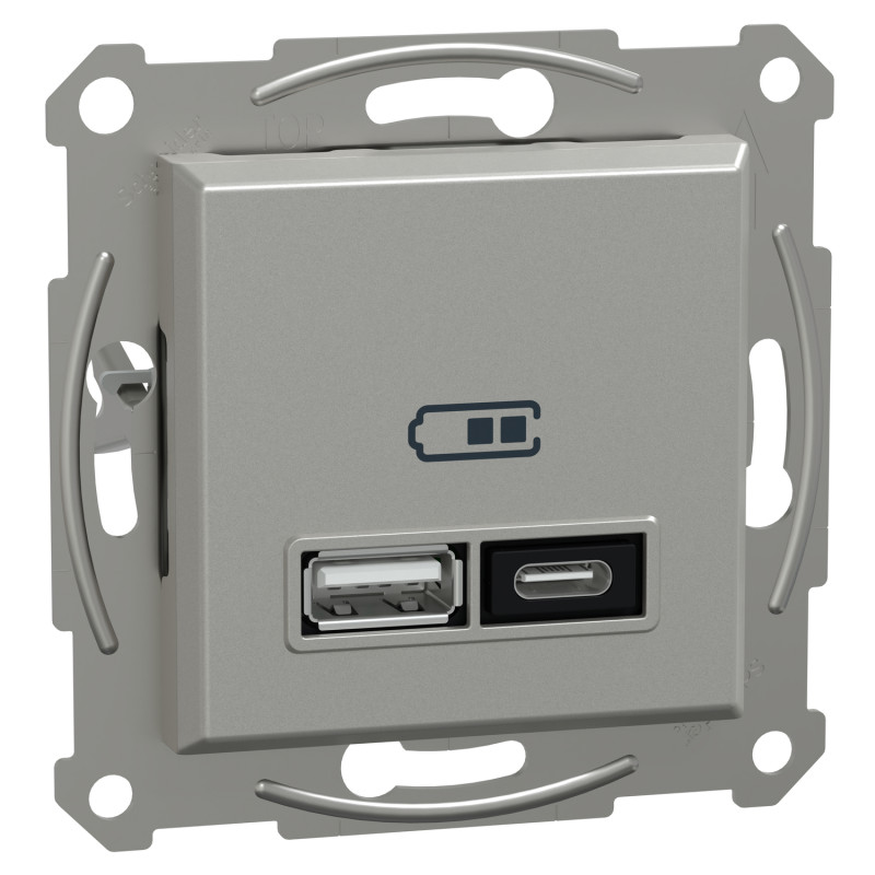 Подвійний зарядний пристрій USB, Asfora, тип A+C, 21 Вт, механізм з супортом, алюміній