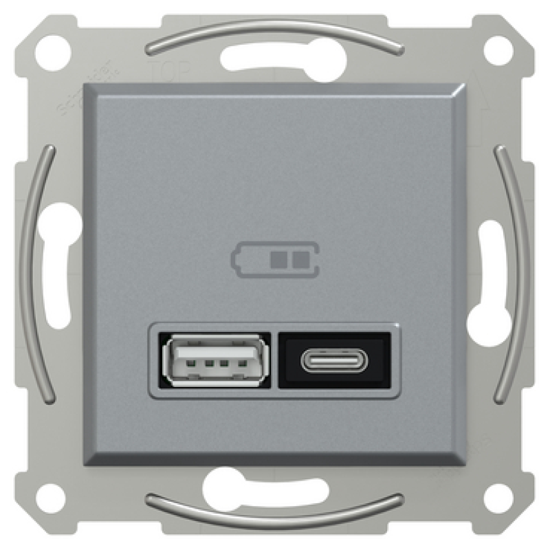 Подвійний зарядний пристрій USB, Asfora, тип A+C, 21 Вт, механізм з супортом, сталь