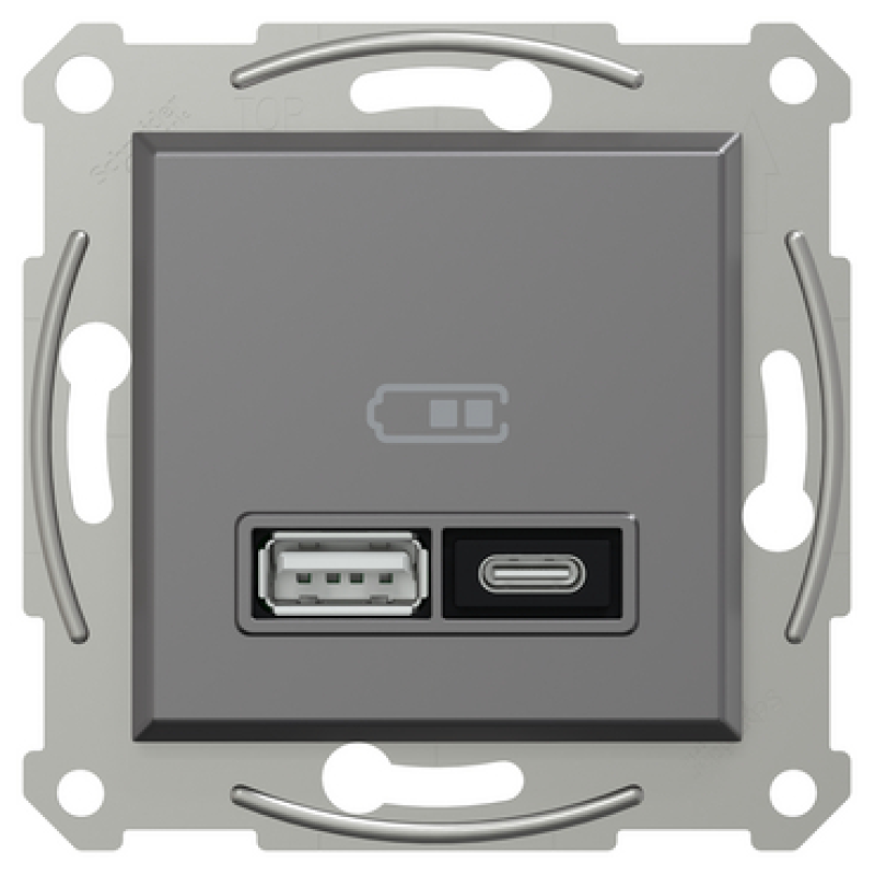 Подвійний зарядний пристрій USB, Asfora, тип A+C, 21 Вт, механізм з супортом, антрацит