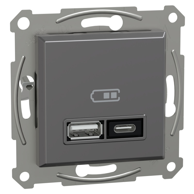 Подвійний зарядний пристрій USB, Asfora, тип A+C, 21 Вт, механізм з супортом, антрацит