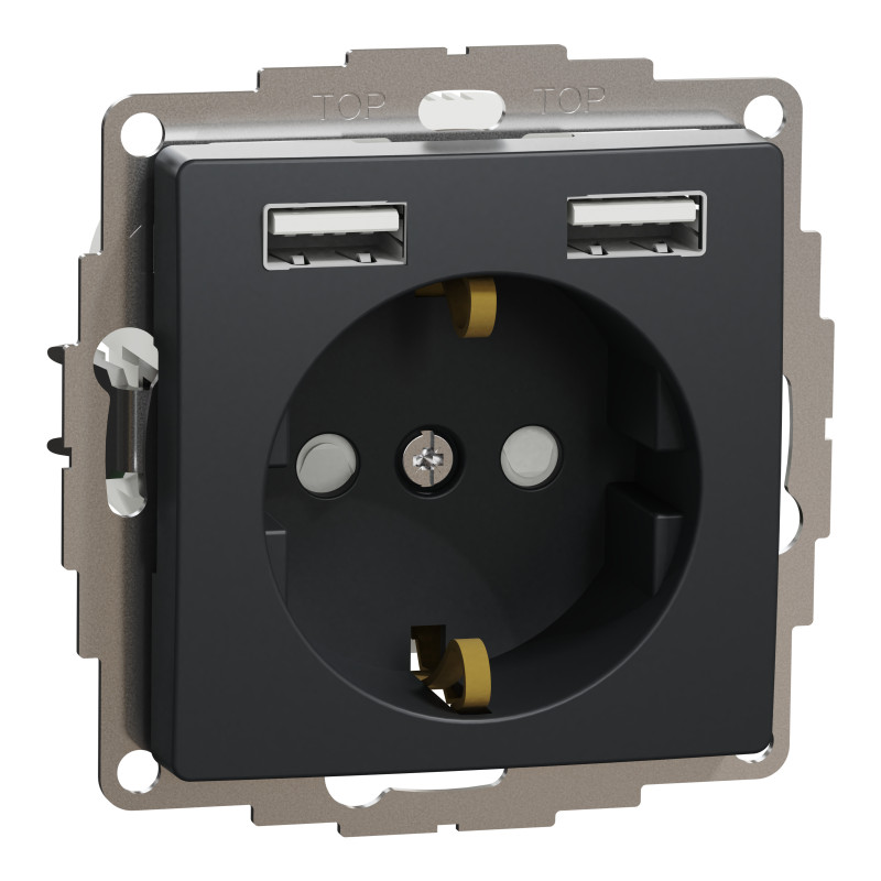 Розетка з заземленням + 2 USB тип А Чорний Sedna Design