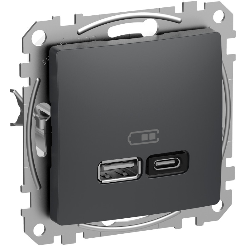 USB розетка A+C, 3 A, 45 Вт, Антрацит Sedna Design