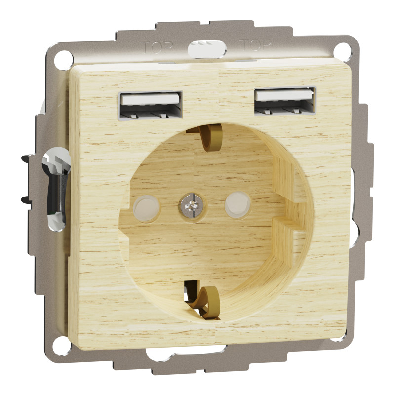 Розетка з заземленням + 2 х USB типу А, Береза Sedna Elements