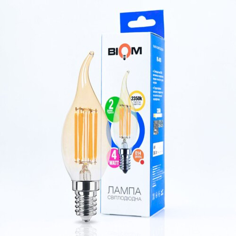 Світлодіодна лампа Biom FL-415 C35 LT 4W E14 2530K Amber свічка на вітрі