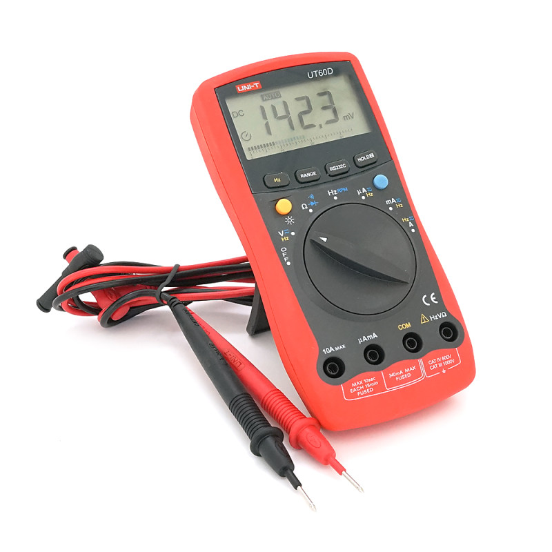 Мультиметр UNI-T UT60D(EU): вимірювання V~, V=, A~, A=, Ω, F, RPM. Функції продзвонювання, діоди, утримання, RS232, підсвічування. 185 87 50 мм. 0,380 кг Мультиметр UNI-T UT60D(EU): вимірювання V~, V=, A~, A=, Ω, F, RPM. Функції продзвонювання, діоди, утр
