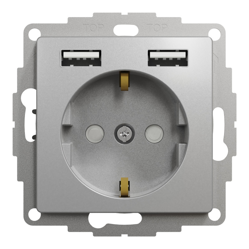 Розетка з заземленням + 2 USB тип А Алюміній Sedna Design