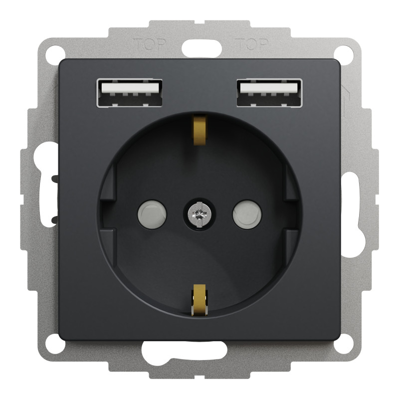Розетка з заземленням + 2 USB тип А Чорний Sedna Design