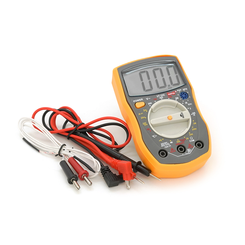 Мультиметр HAOYUE DT-33C Вимірювання: V (AC/DC), A (AC/DC), Ω, hFE, дзвінки. Функції: Data Hold, тест діодів, термопара. Мультиметр HAOYUE DT-33C Вимірювання: V (AC/DC), A (AC/DC), Ω, hFE, дзвінки. Функції: Data Hold, тест діодів, термопара.