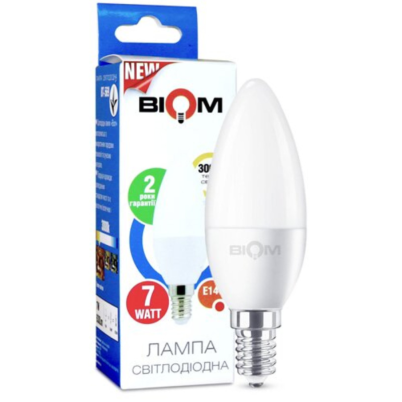 Свiтлодiодна лампа Biom BT-569 C37 7W E14 3000К матова