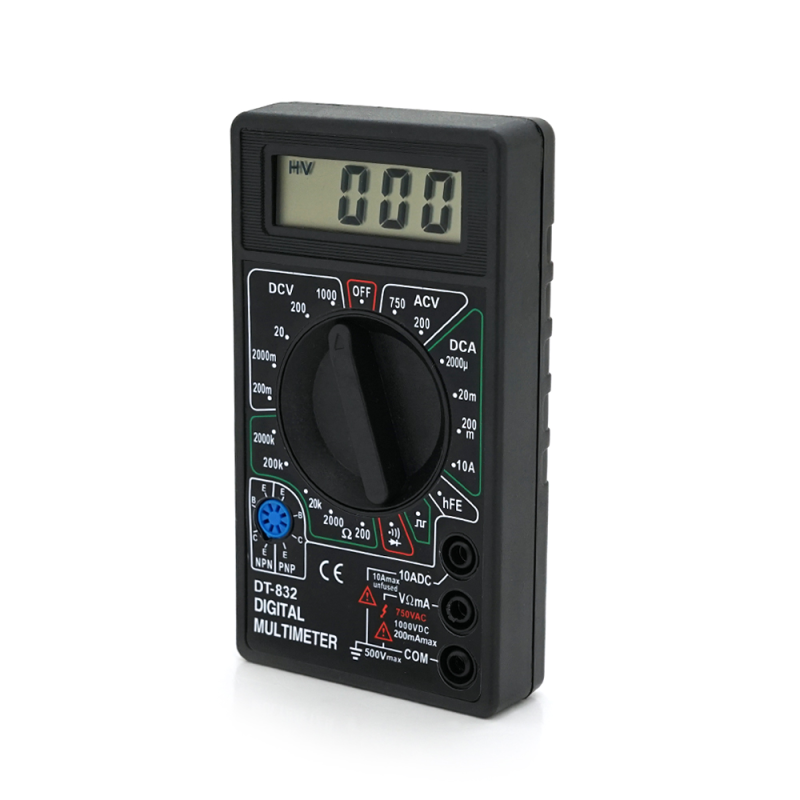 Мультиметр DT-832. Вимірювання: V, A, Ω. Функції: hFE, продзвонювання, тест діодів, перевірка транзисторів. Мультиметр DT-832. Вимірювання: V, A, Ω. Функції: hFE, продзвонювання, тест діодів, перевірка транзисторів.