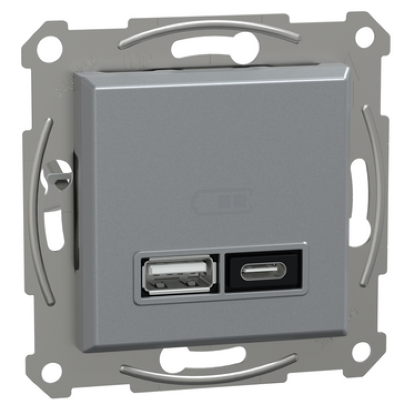Подвійний зарядний пристрій USB, Asfora, тип A+C, 21 Вт, механізм з супортом, сталь